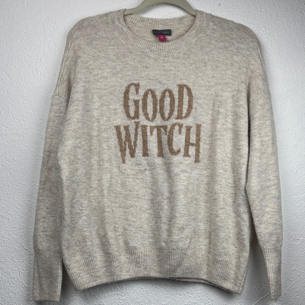 Vince Camuto Tan Good Witch Sweater - XS - Graphic Knit Pullover Halloween Cozy